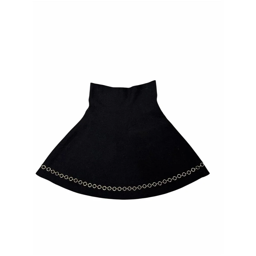 Zara Knit Black A-Line Mini Skirt Gold Chain Hem High Waist Skater Skirt Small